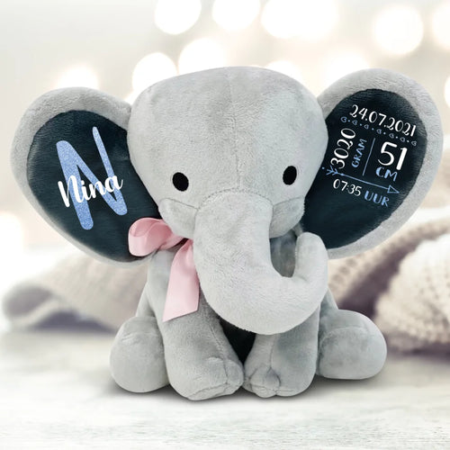 Personaliseerbare knuffelolifant met geboortedatum en naam – zachte stof, ongeveer 24 cm groot – Motiv 2