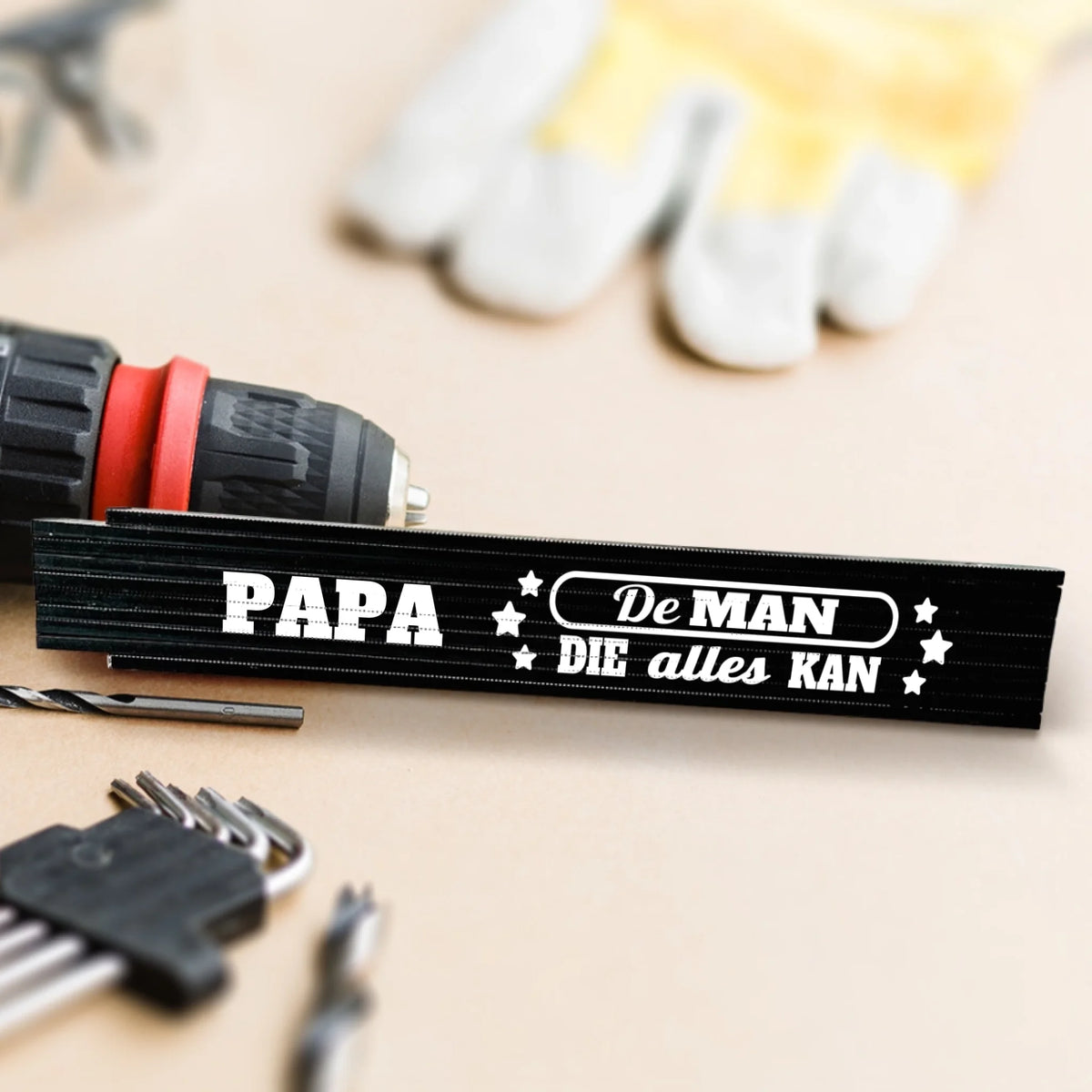 Houten zollstock met personaliseerbare opdruk 'De man die alles kan', 2 meter meetlint