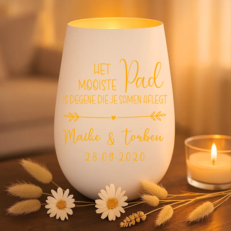 Persoonlijk cadeau - wit-goud windlicht met naamgravure - handgemaakt door Love & faith