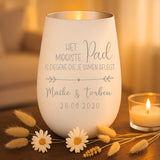 Persoonlijk cadeau - wit-zilver windlicht met naamgravure - handgemaakt door Love & Faith