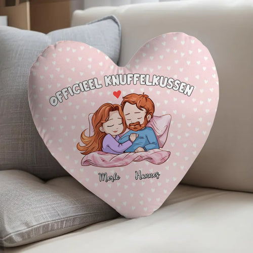 Gepersonaliseerd hartkussen voor stelletjes met volledige bedrukking en schattige tekening – zacht knuffelkussen
