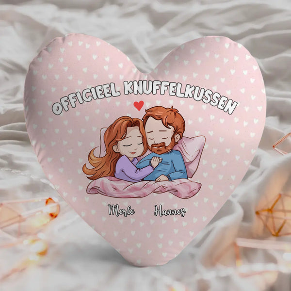 Gepersonaliseerd kussen voor stelletjes met hart, volledige bedrukking en schattige tekening
