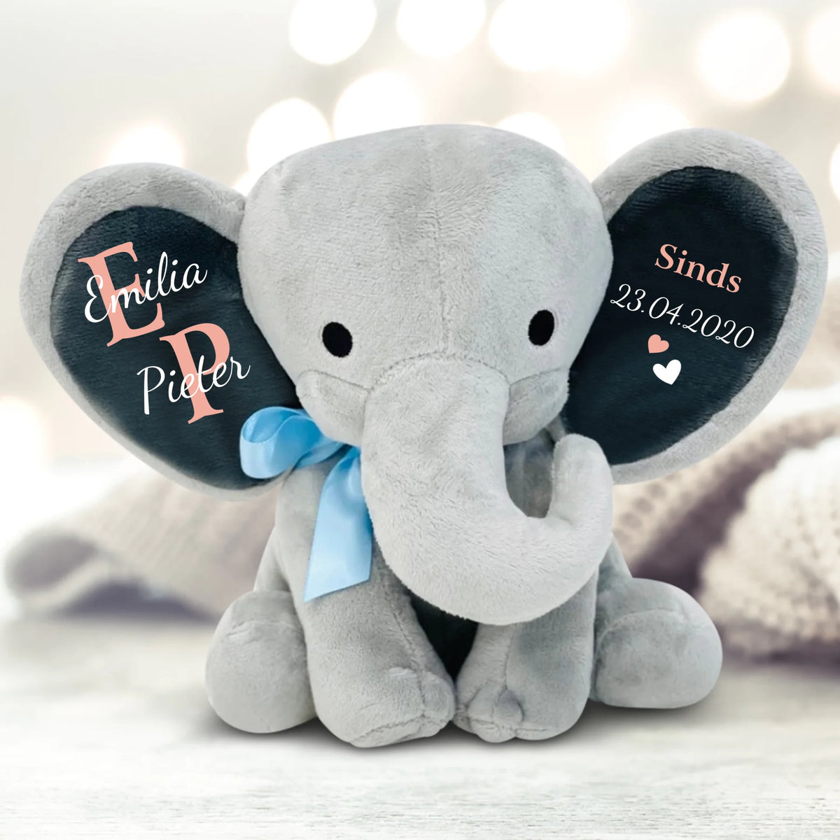 Gepersonaliseerde knuffelelefant met initialen voor koppels, zacht premium stof, 24 cm