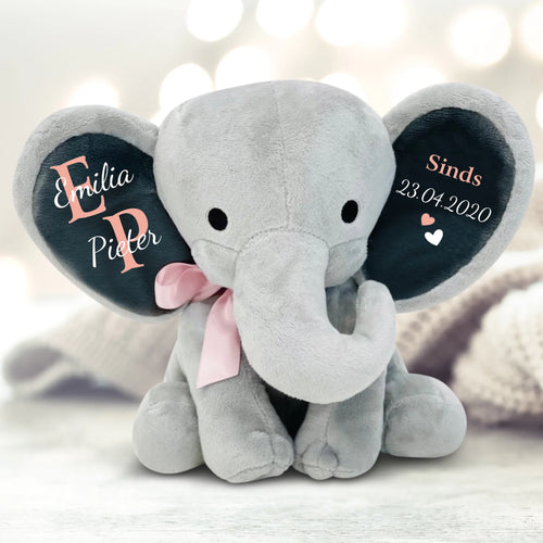 Gepersonaliseerde knuffelelefant met initialen voor koppels, zacht premium stof, 24 cm – Motiv 2