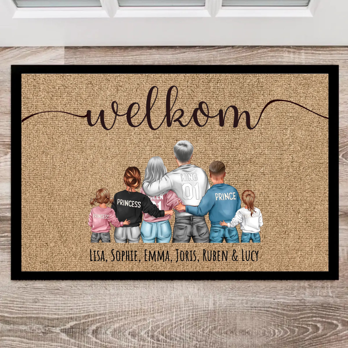 Gepersonaliseerde deurmat met familienamen en schattige tekening voor binnen en buiten gebruik