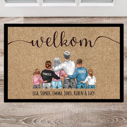 Gepersonaliseerde deurmat met familienamen en schattige tekening voor binnen en buiten gebruik