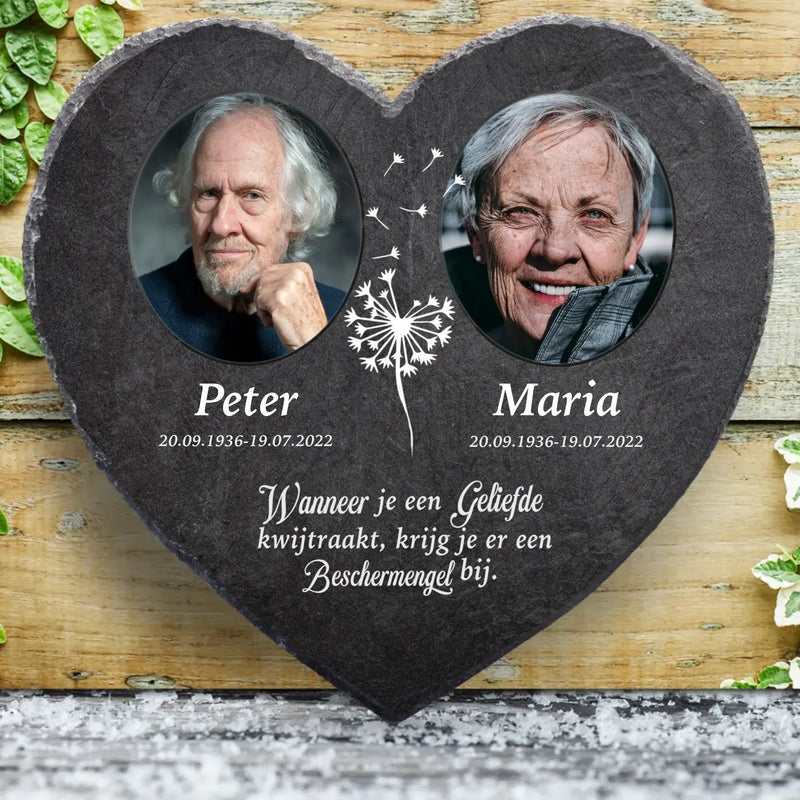 Onze beschermengelen - Gepersonaliseerd rouwhart van leisteen voor 2 personen