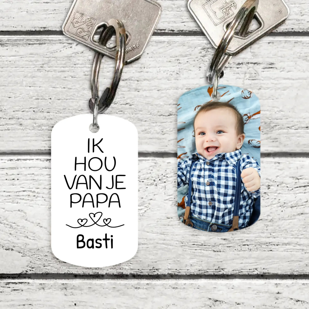 Persoonlijke metalen sleutelhanger Mijn Papa met geborsteld roestvrij staal en kleurendruk aan beide zijden