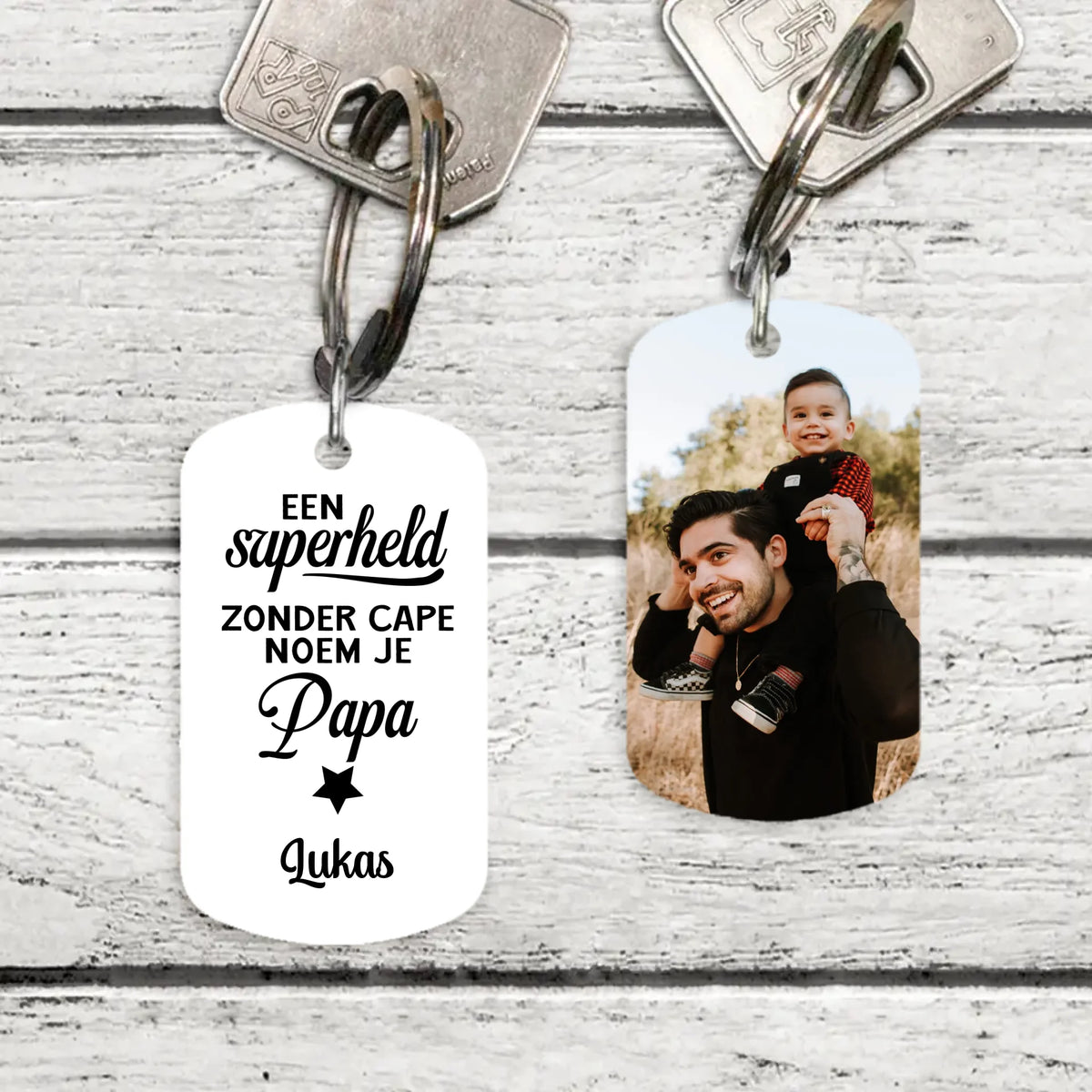 Personaliseerbare metalen sleutelhanger 'Mijn Superheld' voor ouders met geborsteld roestvrij staal en duplex-bedrukking