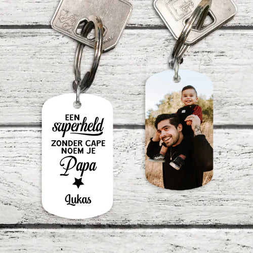Personaliseerbare metalen sleutelhanger 'Mijn Superheld' voor ouders met geborsteld roestvrij staal en duplex-bedrukking