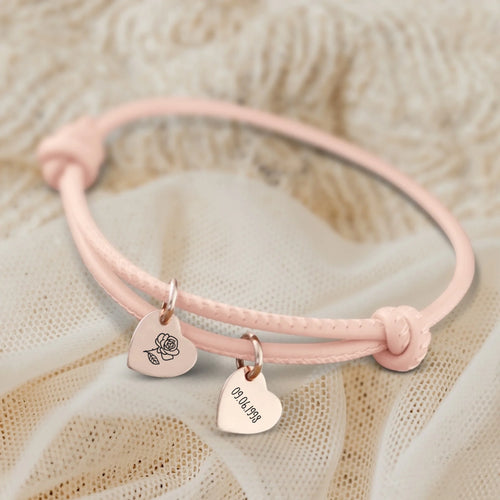 Vrienden-leren armband met gegraveerde hartjes, personaliseerbaar met namen - Geboorte Bloem – Motiv 2