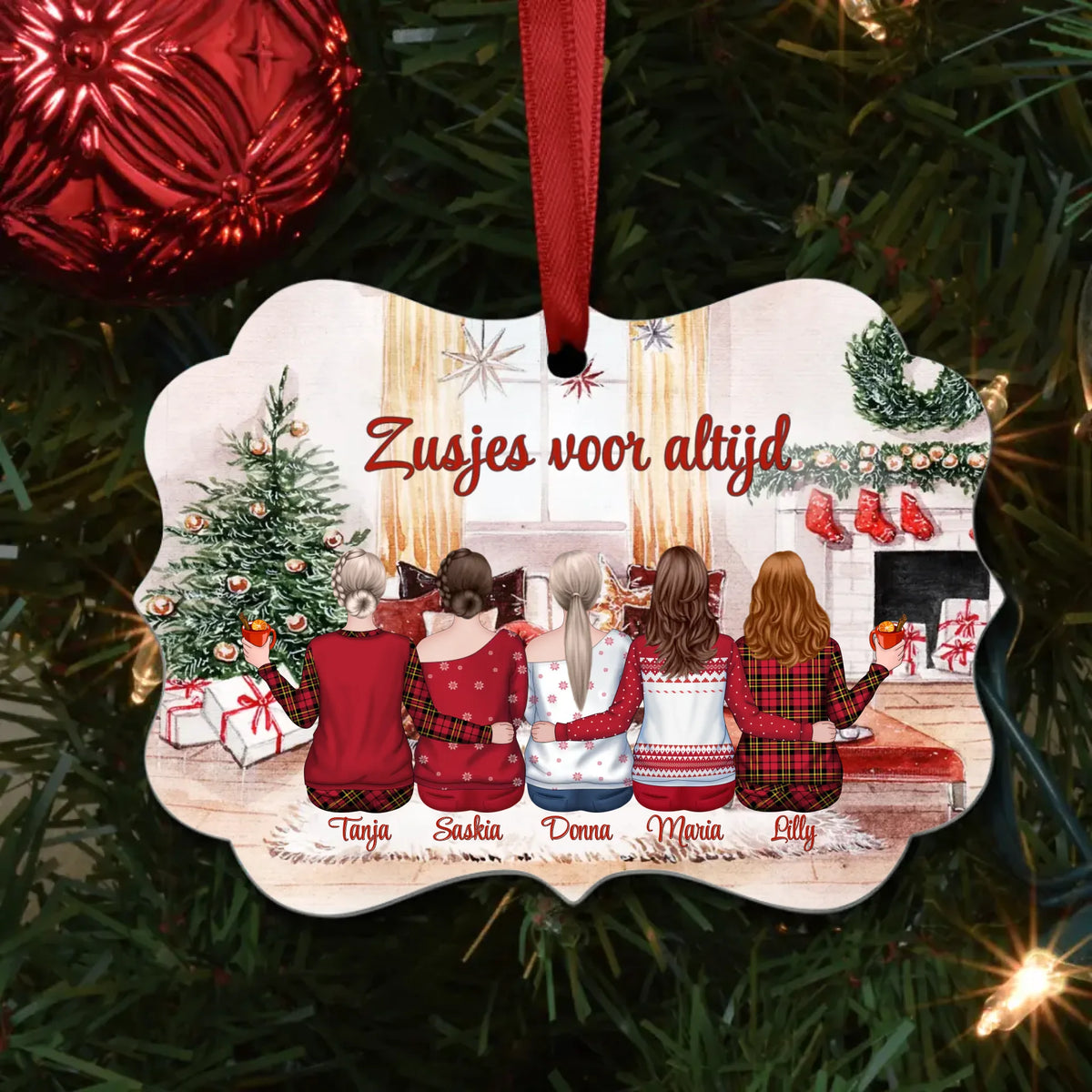 Personaliseerbare boomversieringen Beste zussen - Familie-hanger van MDF-hout met opdruk en lint