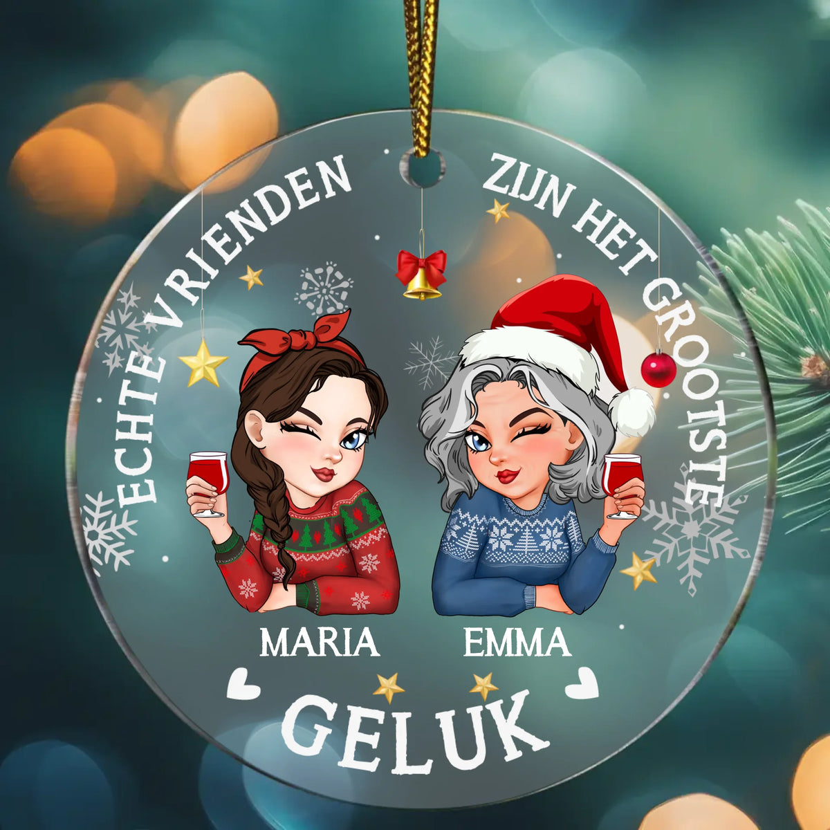 Personaliseerbare acryl kerstboomhanger met naam en illustratie - Oude vrienden design