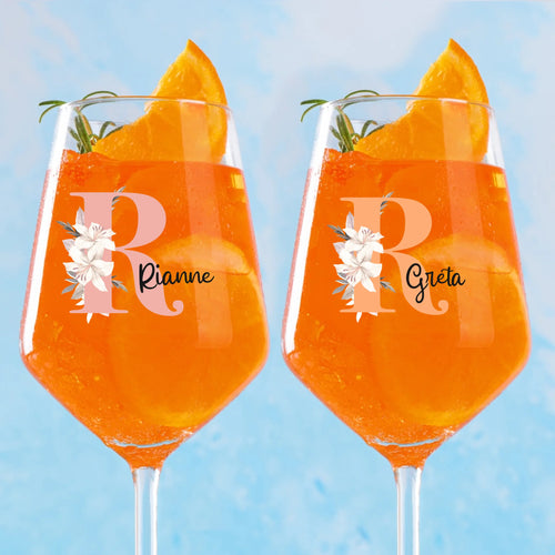 Gepersonaliseerd aperolglas Bloem met naam en initiaal, 450 ml, UV-DTF print – Motiv 2