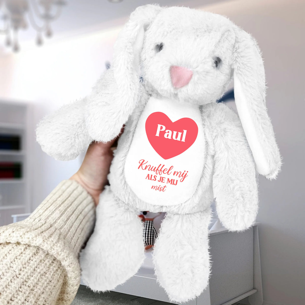 Gepersonaliseerde kinderen-knuffelhaas in pluizige premium stof, 34 cm hoog, met aangepaste naamsopdruk