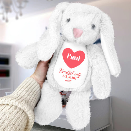 Gepersonaliseerde kinderen-knuffelhaas in pluizige premium stof, 34 cm hoog, met aangepaste naamsopdruk
