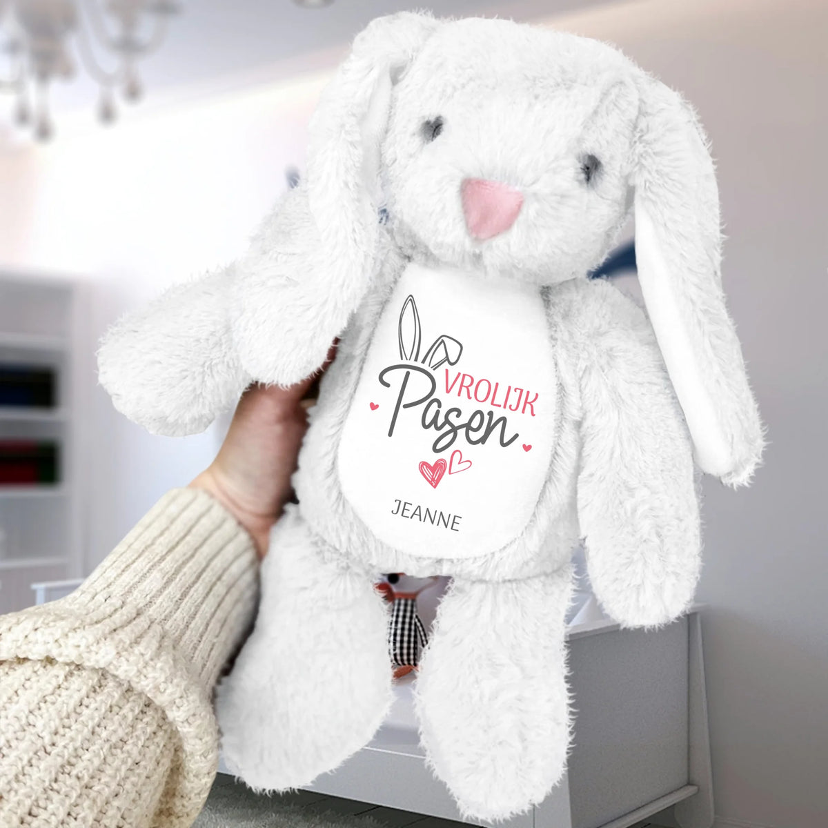 Personalisierte Stoffhase Ostern mit individuellem Namen und Design - Vrolijk Pasen Vrienden-Knuffelhaas, ca. 34 cm