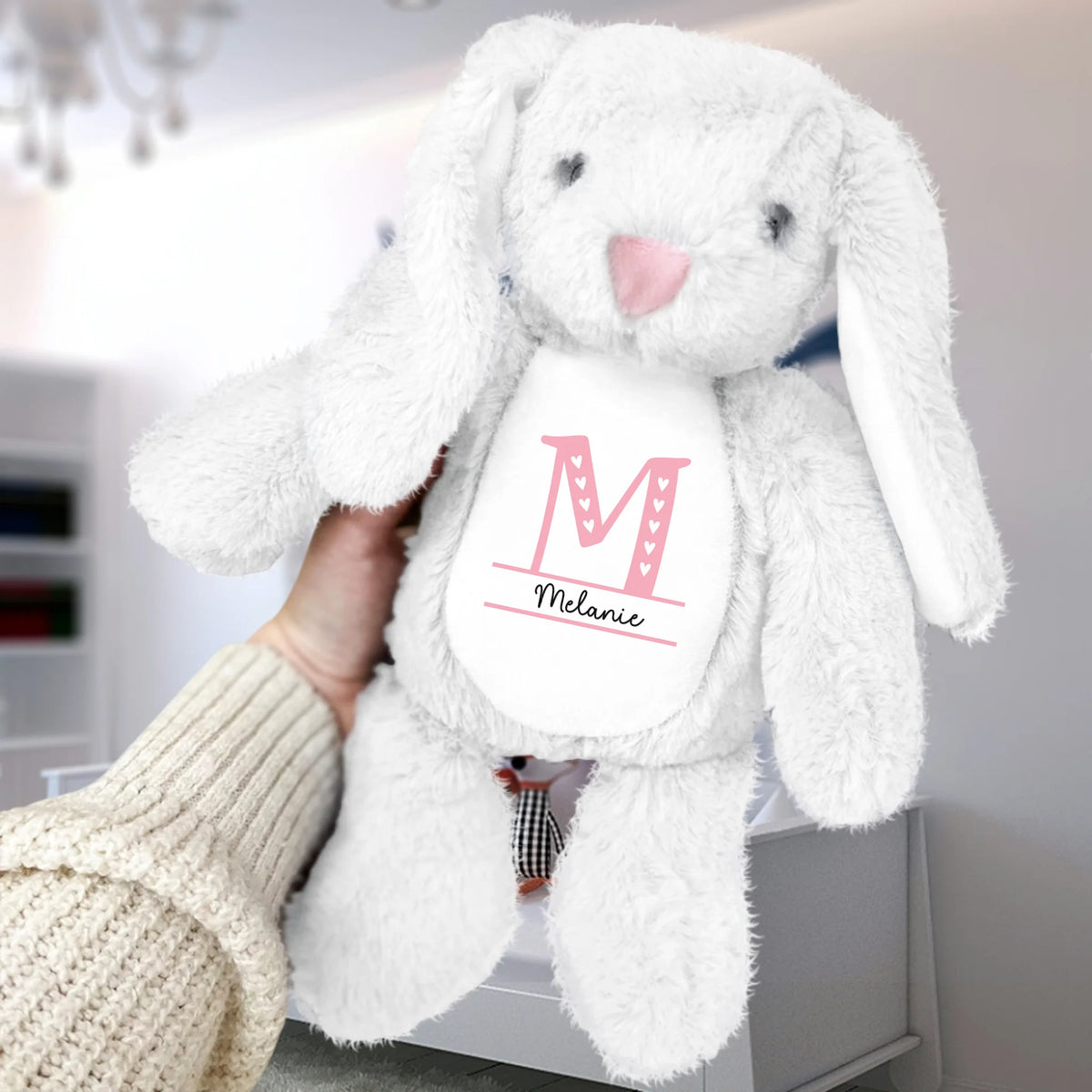Gepersonaliseerde knuffelhaas met opdruk, ongeveer 34 cm hoog, zachte premium stof