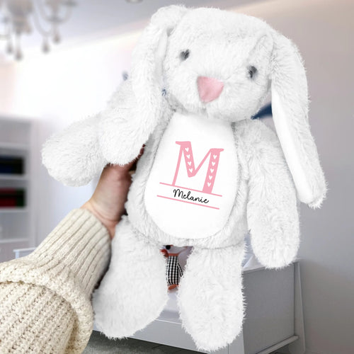 Gepersonaliseerde knuffelhaas met opdruk, ongeveer 34 cm hoog, zachte premium stof