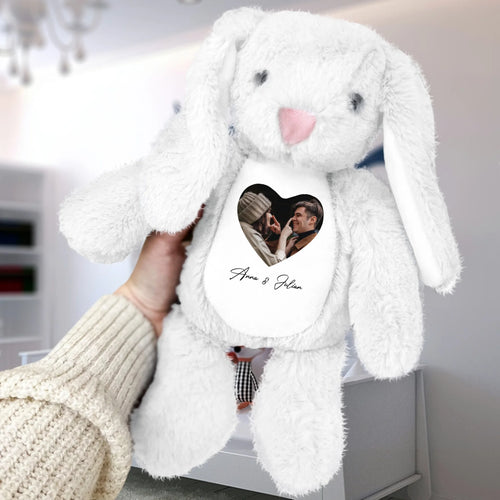 Gepersonaliseerde knuffelhaas met foto en naam voor koppels, pluizige zachte stof, 34 cm hoog
