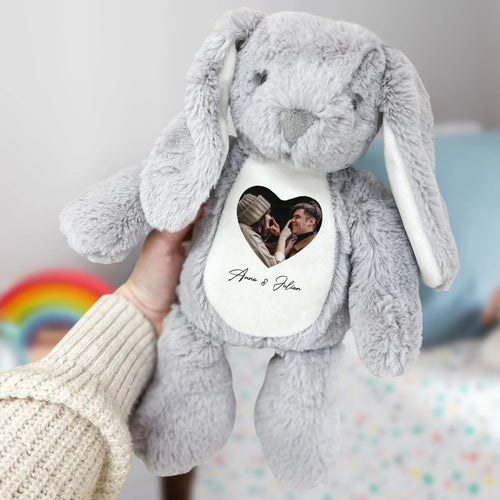 Gepersonaliseerde knuffelhaas met foto en naam voor koppels, pluizige zachte stof, 34 cm hoog – Motiv 2