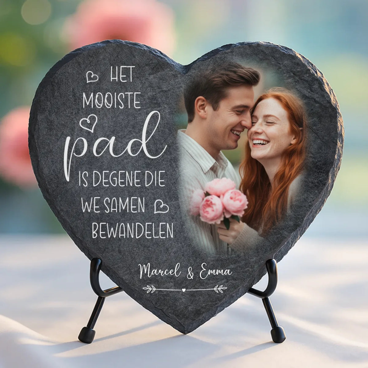 Gepersonaliseerd leisteen hart met foto en namen, UV- en weerbestendig cadeau voor koppels