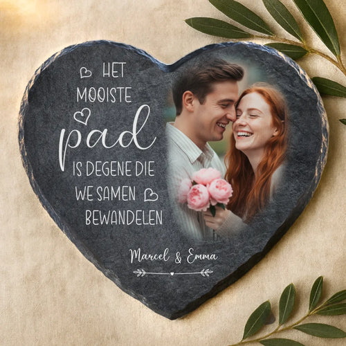 Gepersonaliseerd leisteen hart met foto en namen, UV- en weerbestendig cadeau voor koppels – Motiv 2