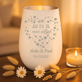 Persoonlijk cadeau - wit-zilver windlicht met naamgravure - handgemaakt door Love & Faith