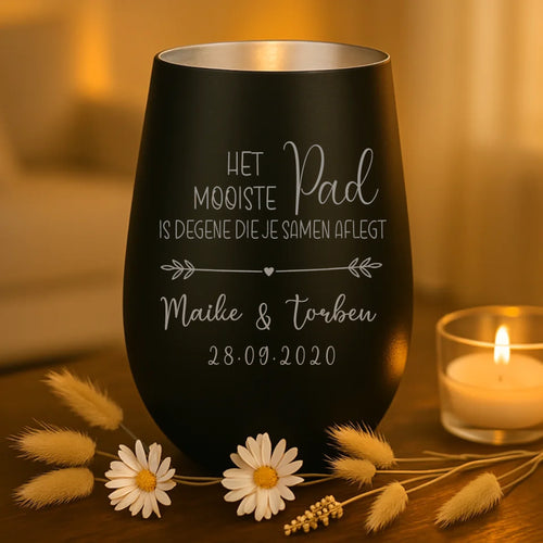 Persoonlijk cadeau - zwart-zilver windlicht met naamgravure - handgemaakt door Love & Faith