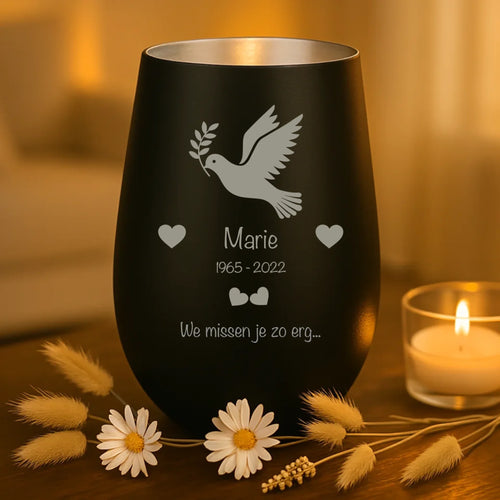 Persoonlijk cadeau - zwart-zilver windlicht met naamgravure - handgemaakt door Love & Faith