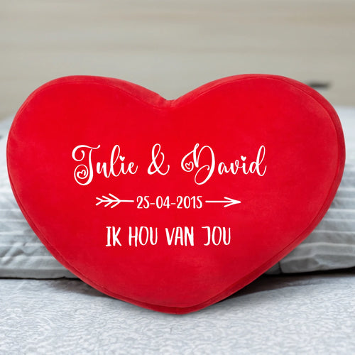 Gepersonaliseerd koppel-hartkussen Jij & Ik in hartvorm met namen, zacht pluche materiaal