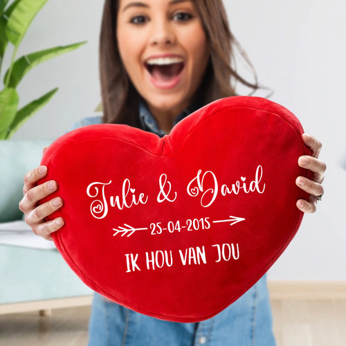 Gepersonaliseerd koppel-hartkussen Jij & Ik in hartvorm met namen, zacht pluche materiaal – Motiv 2