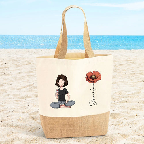 Gepersonaliseerde strandtas met bloem en naamopdruk, robuust materiaal met stevige handgrepen – Motiv 2