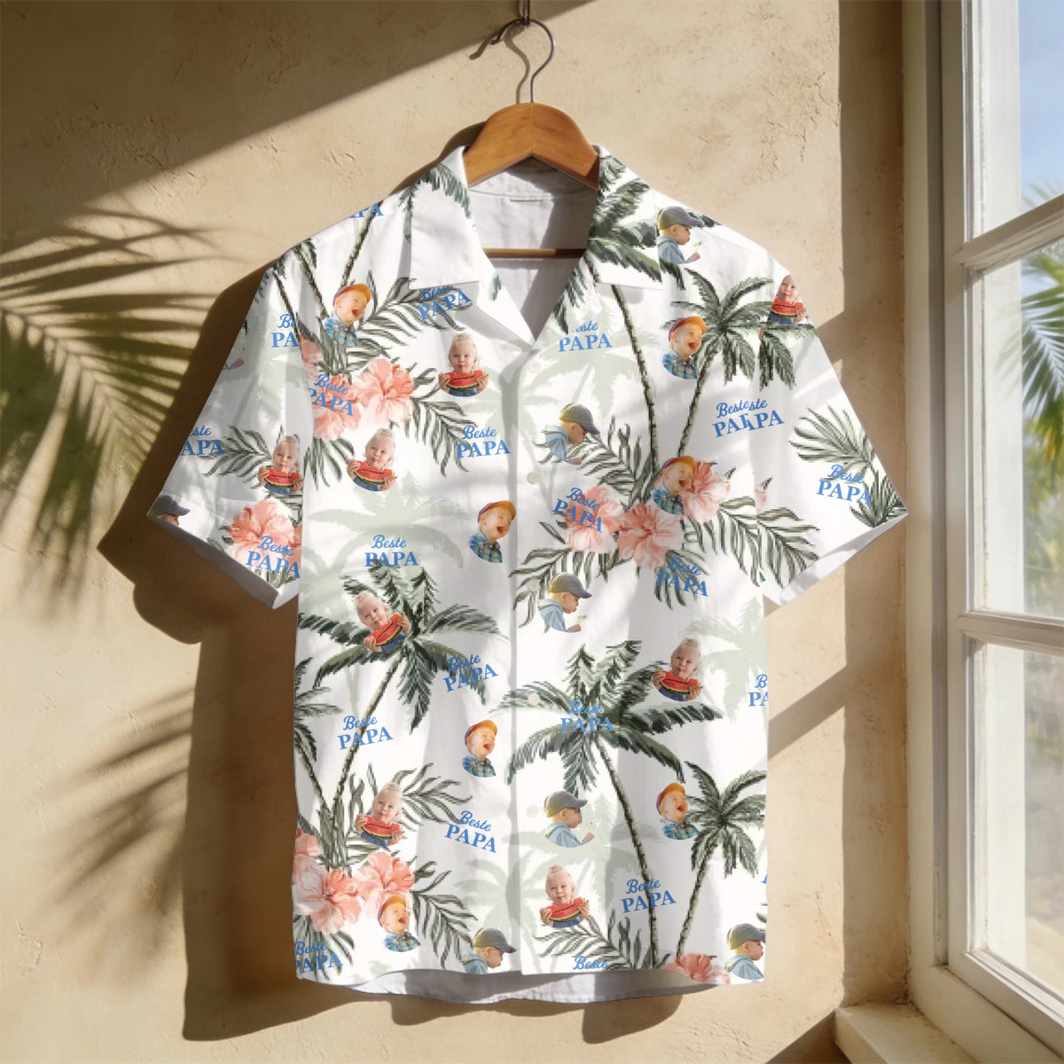 Gepersonaliseerd Hawaiihemd met foto's en namen, ideaal Vaderdag cadeau met levendige achtergrond