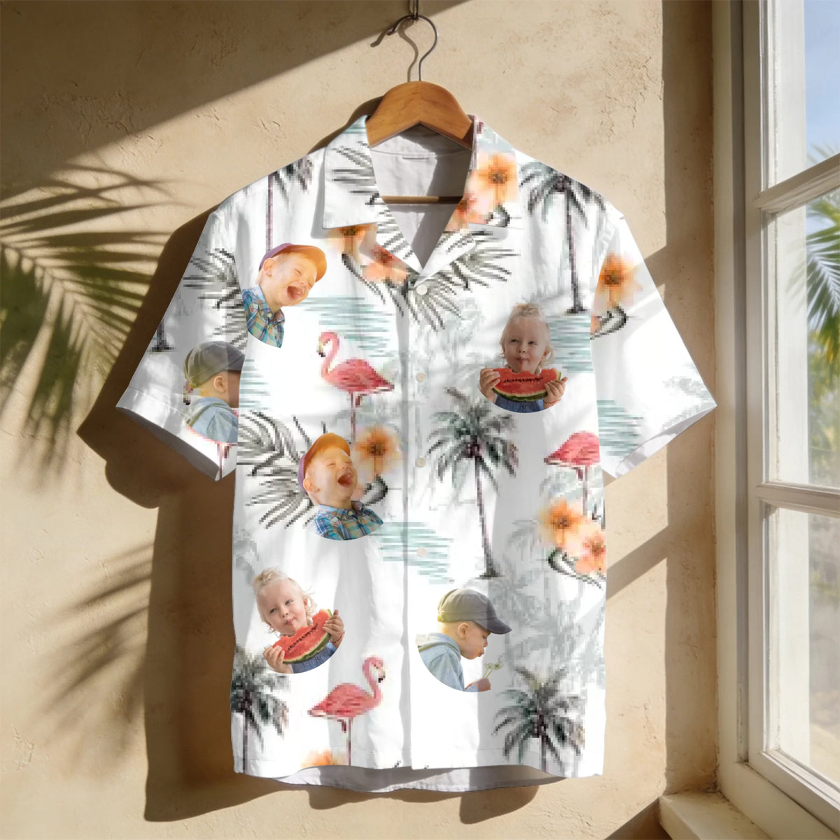 Gepersonaliseerd hawaï shirt met aangepaste foto en namen, levendige hawaiihemd print