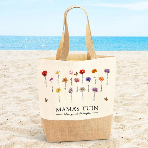 Gepersonaliseerde tas met geboortebloemen en namen voor mama en oma, stevige katoenen tas – Motiv 2