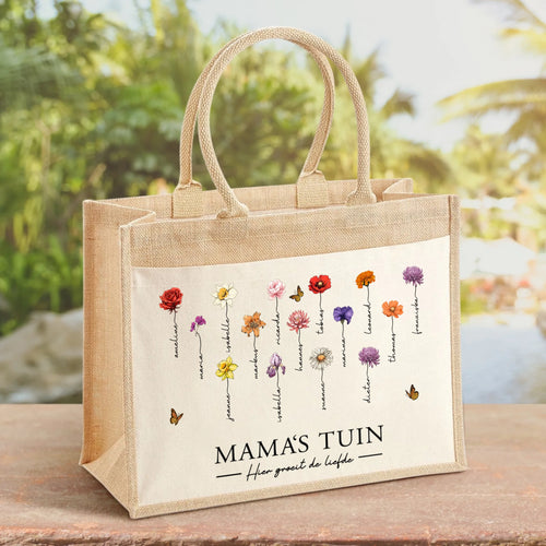 Gepersonaliseerde tas met geboortebloemen en namen voor mama en oma, stevige katoenen tas