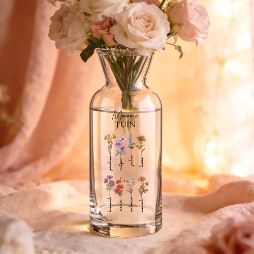 Gepersonaliseerde glazen vaas met naam en bloemen voor mama en oma – Mama's tuin – Motiv 2