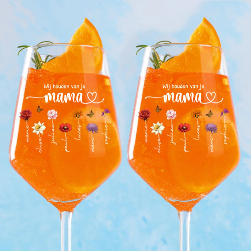 Gepersonaliseerd aperolglas met geboortebloemen en namen voor mama en oma, 450 ml inhoud – Motiv 2