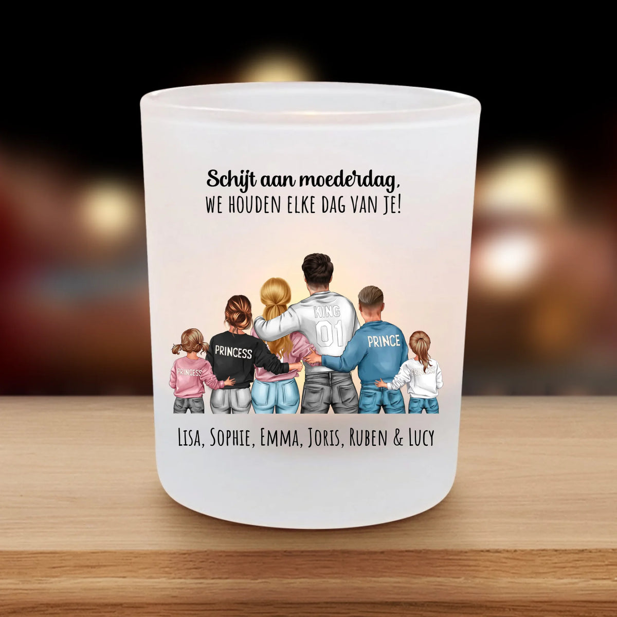 Gepersonaliseerde theelichthouder van glas met satijnen afwerking voor mama en papa, met aangepaste namen en ontwerp