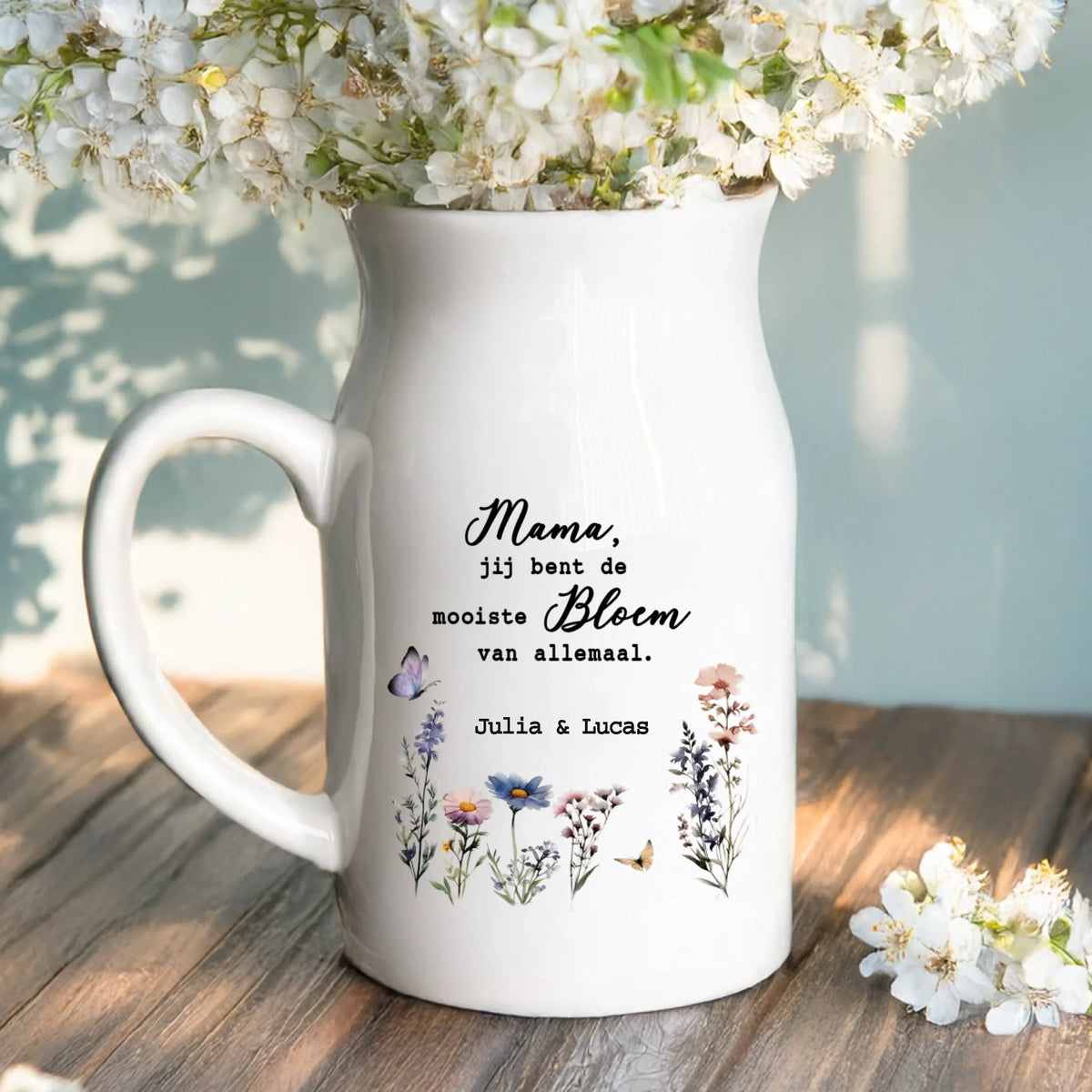 2 Personalisiertes Geschenk - Weiße Vase mit Henkel mit persönlichem Spruch und Namen