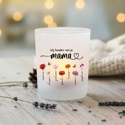 Gepersonaliseerde theelichthouder glas met bloemen en namen van kinderen, matte satijnen afwerking