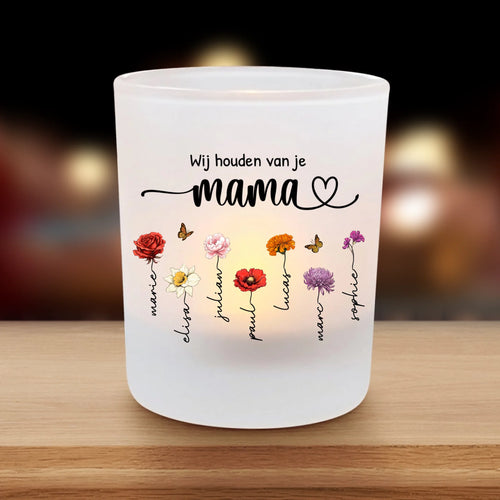 Gepersonaliseerde theelichthouder glas met bloemen en namen van kinderen, matte satijnen afwerking – Motiv 2