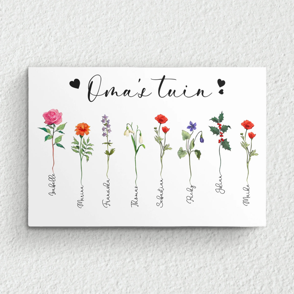 Gepersonaliseerde Oma's tuin canvas met namen, heldere kleuren en houten lijst - uniek familiebadeau