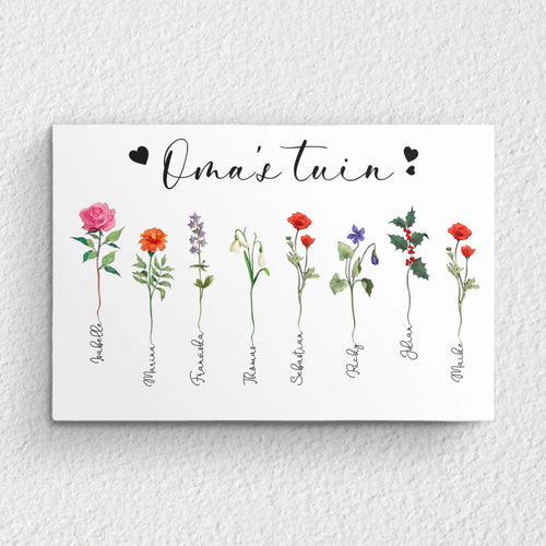 Gepersonaliseerde Oma's tuin canvas met namen, heldere kleuren en houten lijst - uniek familiebadeau