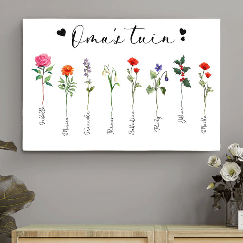 Gepersonaliseerde Oma's tuin canvas met namen, heldere kleuren en houten lijst - uniek familiebadeau – Motiv 2