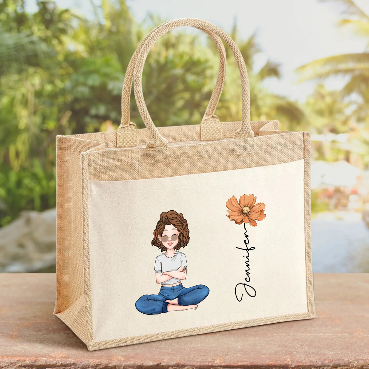 Gepersonaliseerde strandtas Summervibes met naam en clipart opdruk, stevige handgrepen
