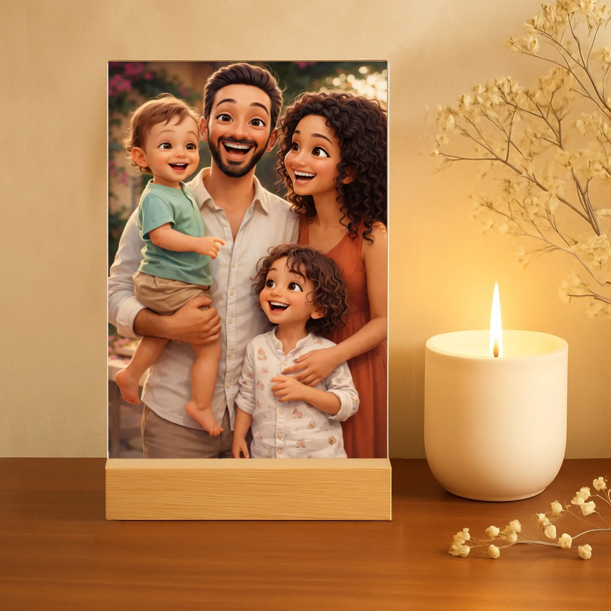 Gepersonaliseerde acryl display Cartoon Love Family met cartoon-effect, papa en gezin namen, UV bedrukking