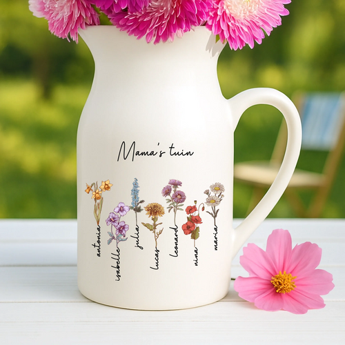 Gepersonaliseerde vaas Mama's tuin met naam en bloemen in ivoorwit, ideaal cadeau voor mama en oma – Motiv 2