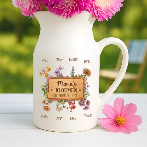 Gepersonaliseerde vaas mama met bloemen en naam in ivoorwit – elegante bloemenvaas voor moeder en oma – Motiv 2
